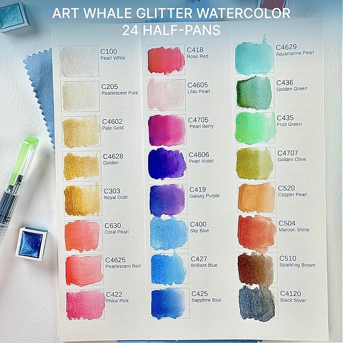 Metallic Watercolor Paint Set 24 Colors Half-Pans in Tin Box with Water Brush, High Pigment Multi-Effect Metallics, Works on Light & Dark Paper, Non-Toxic