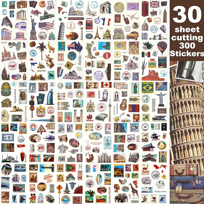 Scrapbook Stickers - 300 Pre-Cut Washi Stickers & 20 Scrapbook Papers for Travel Journaling
