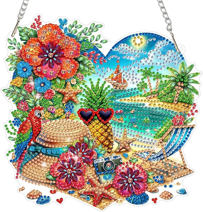 MEIYUDA Summer Diamond Art Hanging Kits for Adult, Summer Beach Diamond Painting Hanging Kits Ornaments, DIY Special Shaped Rhinestone Window Pendants Kit for Home Garden Wall Decor Gift