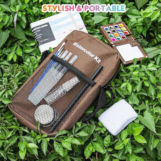 Mini Watercolor Paint Set, Premium Pocket Watercolor Travel Kit, With 24 Watercolor Paints, 15-Grid Black Walnut Palette, Crossbody Bag, Oil Painting Paper Sketchbook, Ideal for art lovers
