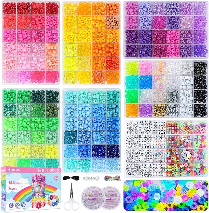 Gionlion 7 Boxes Pony Beads Bracelet Making Kit, 144 Colors 6x9mm Kandi Rave Beads, Friendship Bracelet Kit with 800Pcs Letter Bead for DIY Jewelry, Keychains, Arts and Crafts for Girls Kids Gifts