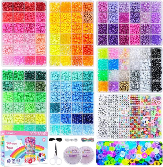 Gionlion 7 Boxes Pony Beads Bracelet Making Kit, 144 Colors 6x9mm Kandi Rave Beads, Friendship Bracelet Kit with 800Pcs Letter Bead for DIY Jewelry, Keychains, Arts and Crafts for Girls Kids Gifts
