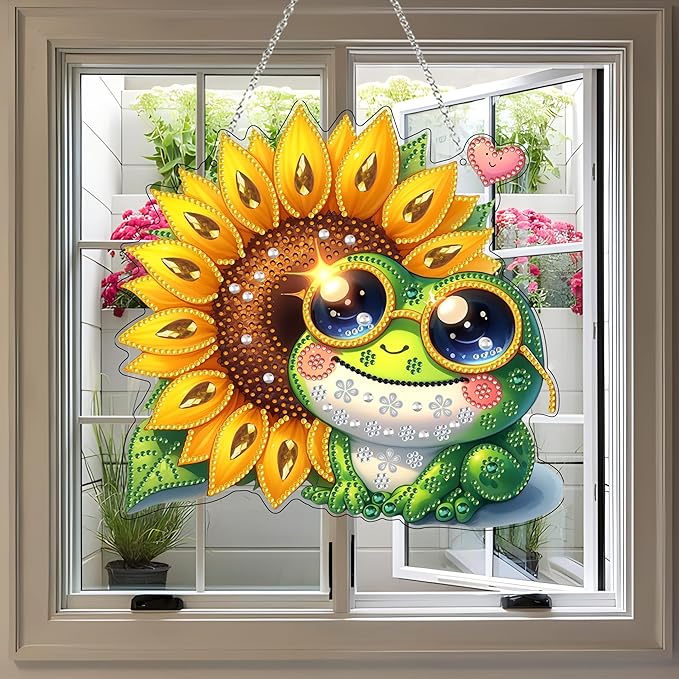 JJFox Diamond Art Hanging Kit for Adult,Special Shaped Rhinestone,Double Sided 5D DIY Acrylic Diamond Art Painting Window Pendants Home Garden Wall Hanging Kits Hanging Ornament (Frog)