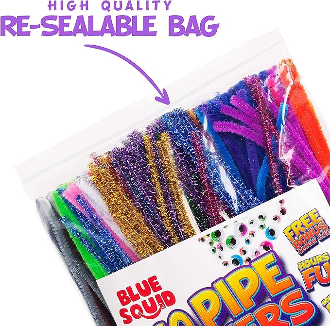 blue squid chenille stems pipe cleaners - 460-piece craft pack with 360 large stem pipe cleaner & 100 googly eyes - flexible long fuzzy sticks for diy arts & crafts, home & school art supplies