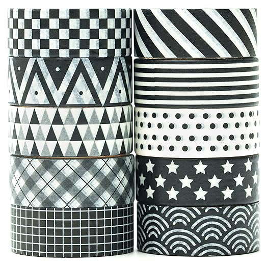 Basic Washi Tape Set 10 Rolls Black White Decorative Dot & Grid Masking Tapes for Journals, Planners, Scrapbooking, Gift Wrapping, DIY Crafts