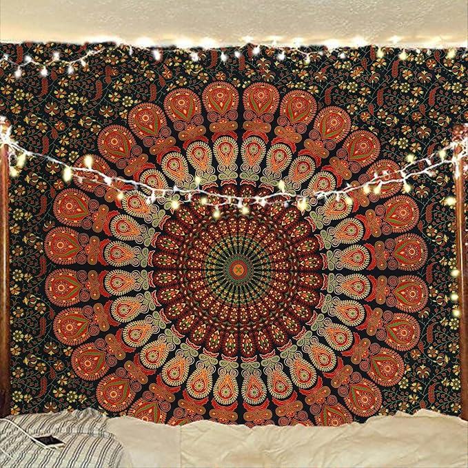 bless international handmade indian hippie bohemian psychedelic peacock mandala wall hanging college dorm beach throws table cloth bedding tapestry (golden green, twin(54x72inches)(140x185cms))