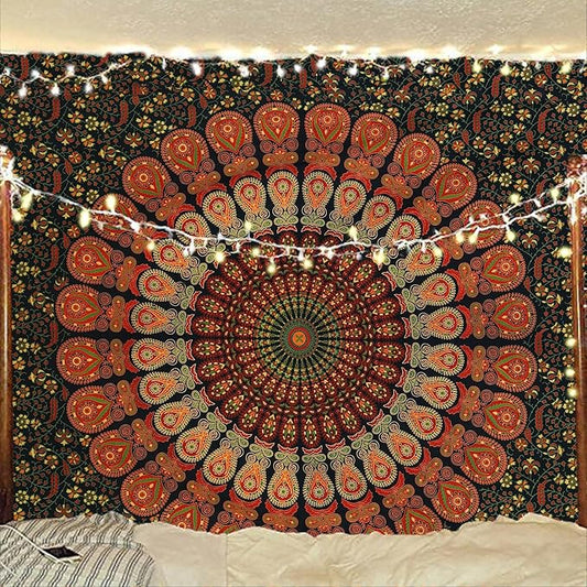 bless international handmade indian hippie bohemian psychedelic peacock mandala wall hanging college dorm beach throws table cloth bedding tapestry (golden green, twin(54x72inches)(140x185cms))