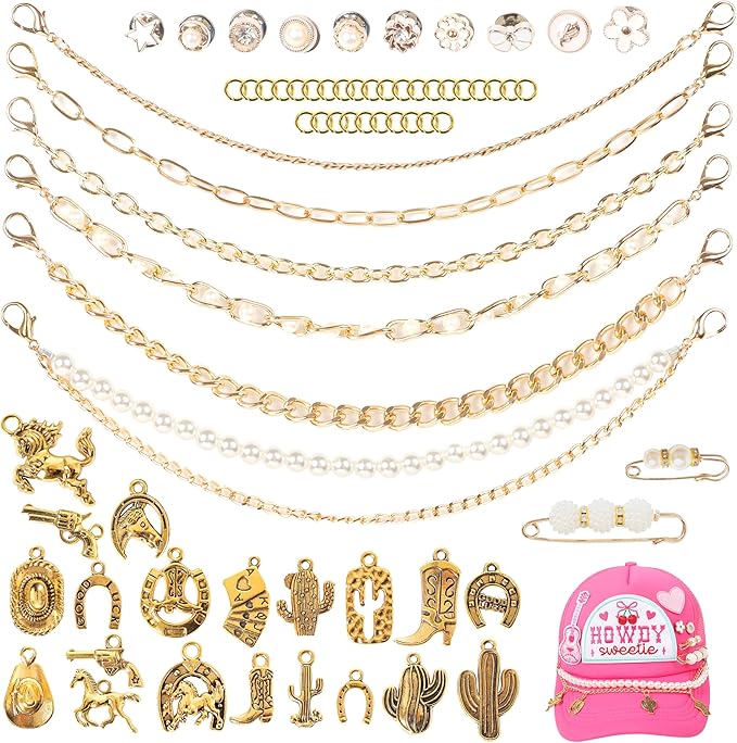 Meneng Cowgirl Hat Accessories Kit: 36PCS Western Trucket Hat Chains Bill Decoration for Women - Bling Metal Detachable Chains Bulk for Mesh Baseball Cap