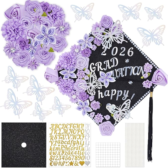 VISSTREE Graduation Cap Decorations Kit, 56 Pcs 2026 DIY Cap Decoration with Purple Artificial Flower Rhinestones Letter Stickers 3D Glitter Butterfly for Graduation Dress Grad Hats Topper