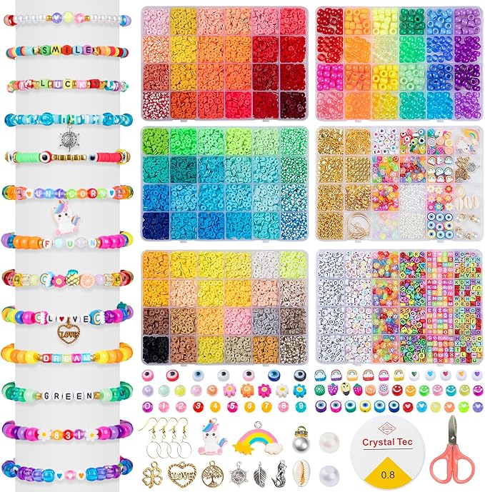 Taybonds Friendship Bracelet Making Kit- 6 Boxes with Clay, Pony, 6 Styles of Letter Beads and Multiple Charms, Jewelry Making Kit Gifts