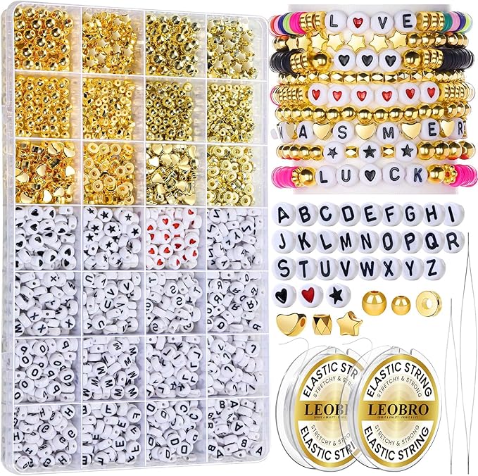 LEOBRO Letter Beads Bracelet Making Kit, Alphabet Beads for Bracelets, with Gold Bead and Elastic Bracelet Strings
