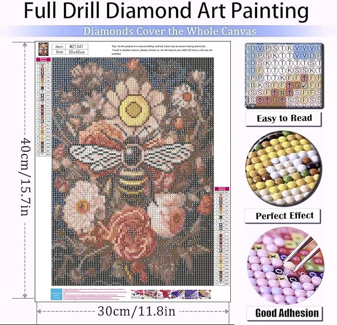mrpwnle Bee Diamond Art Kits for Adults Bee Flowers Diamond Painting for Adults Beginners 5D Diamonds Painting DIY Round Full Drill Gem Art Crafts Kit Home Wall Decor Gifts 12x16inch