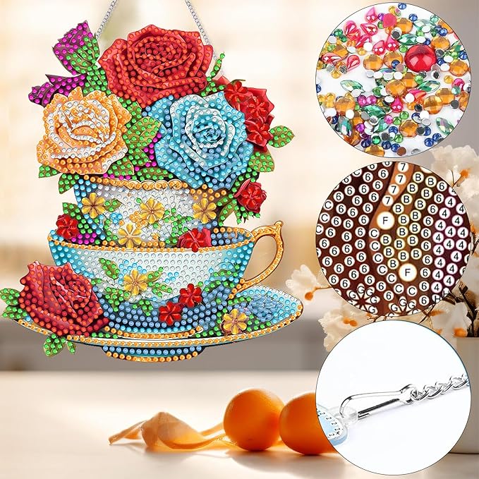 Bimkole Coffee Cup Diamond Art Hanging Kit for Adult, DIY 5D Diamond Art Flower Window Pendant, Acrylic Crystal Art Hanging Ornament Home Wall Garden Front Door Sign Outdoor Decor 7.8x7.8 Inch