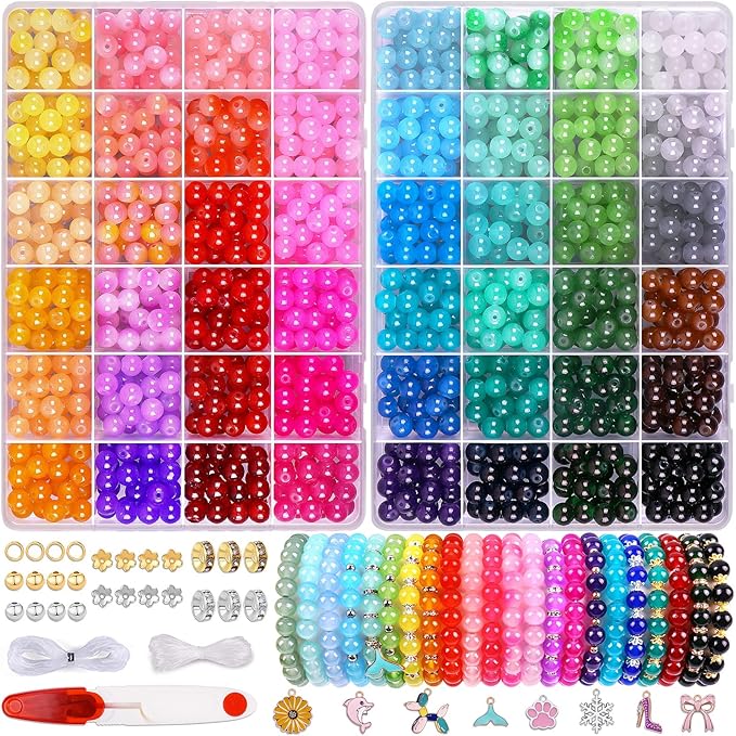 Wuollgess 1700Pcs 8mm Glass Beads for Bracelet Making Kit, 48 Colors Crystal Round Beads for Jewelry Making DIY Crafts Gifts Set for Teens Adults Beginners, 2 Box