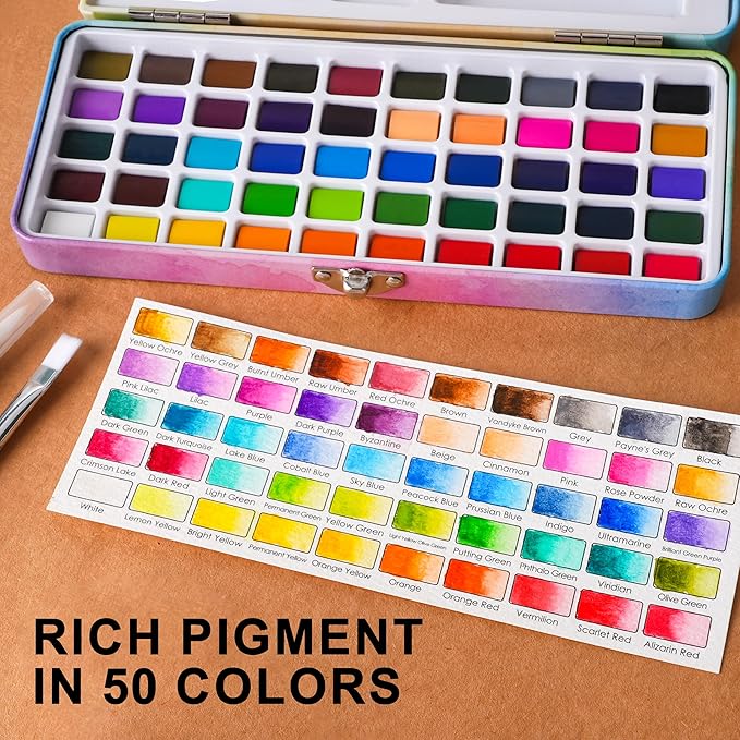 Watercolor Paint Set, 50 Colors with Brushes & Metal Case, Non-Toxic Art Supplies for Beginners & Students, Portable Travel Watercolor Kit, Ideal for Gifting