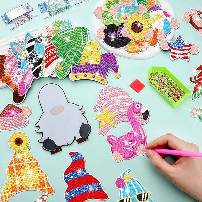 DoubleFill 42 Pcs Easter Diamond Kits St Patricks Day Interchangeable Wooden Table Decorations DIY Holiday Easter Party Seasonal Tiered Tray Art Decor Diamond Painting Magnets(Gnome)