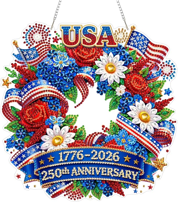 Eiflow 250th Anniversary Diamond Art Hanging Kit for Adults, DIY Diamonds Painting Door Hanger Board Kit, Special Acrylic Diamond Art Painting Pendant Ornament (4th of July Wreath)