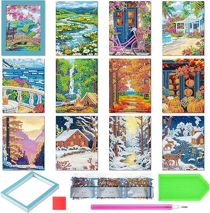 ForraFun 24 Pcs Landscape Diamond Art Frame for Adults Small Diamond Painting Picture Frames Scenery Mini 5d Rhinestones Paint Art for Beginners Home Wall Decor, 5.12x3.94 Inches(Seasonal)