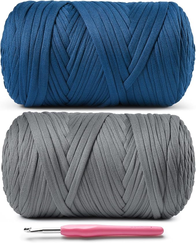 2 Pack Elastic Fabric T Shirt Yarn for Crocheting,Beginner Crochet Yarn with Polyester Spandex Blend,Total 800g/228yds Soft Tshirt Yarn for Crochet Crafts/Bags/Baskets(Navy Blue+Dark Gray)