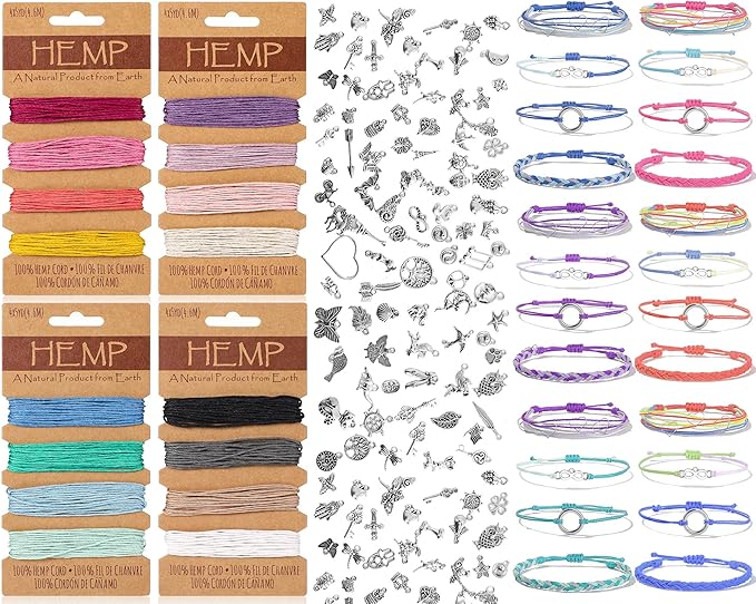 Quelay Hemp Cords Jewelry DIY Making Kits, 16 Pcs 84 Yards Flax String Cord, Natural Twine Rope and 194 Pcs Silver Bracelet Charms for Friendship Bracelet Necklace Making, Keychain Gift Craft Making