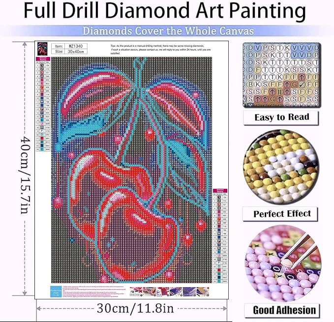 mrpwnle Cherry Diamond Art Kits for Adults Cherry Diamond Painting for Adults Beginners 5D Diamonds Painting DIY Round Full Drill Gem Art Crafts Kit Home Wall Decor Gifts 12x16inch