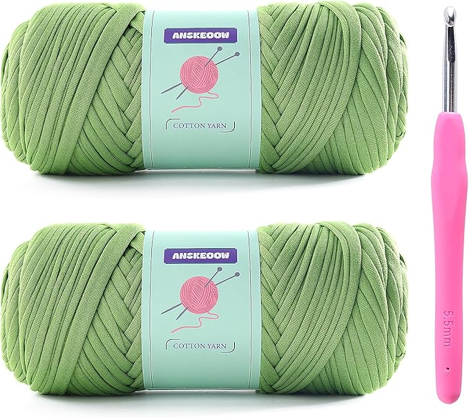 2 Skeins Tshirt Yarn for Crochet,Soft T Shirt Yarn for Crocheting Bag/Basket/Home Decor,Trapillo para Tejer a Crochet Bolsas with 1 Crochet Hook,Each Ribbon Yarn 7oz, 65yds (Autumn Fragrant Green)