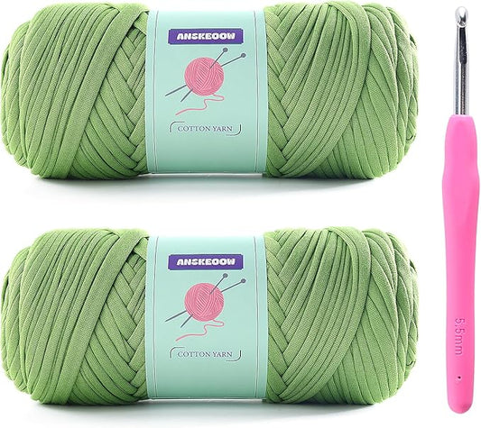 2 Skeins Tshirt Yarn for Crochet,Soft T Shirt Yarn for Crocheting Bag/Basket/Home Decor,Trapillo para Tejer a Crochet Bolsas with 1 Crochet Hook,Each Ribbon Yarn 7oz, 65yds (Autumn Fragrant Green)