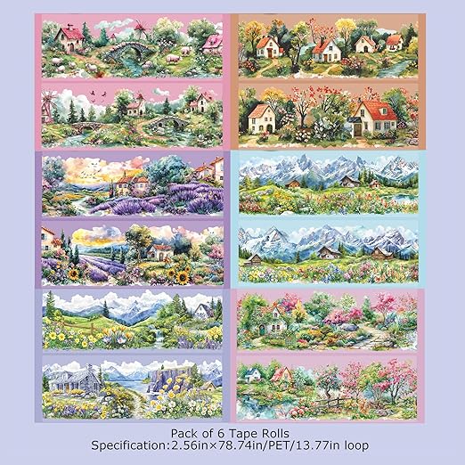 6Rolls PET Tape Stickers for Journaling Supplies, Garden Landscape Themed Journal Stickers for Scrapbooking, Junk Journal Supplies, Planner,DIY Crafts (Town)