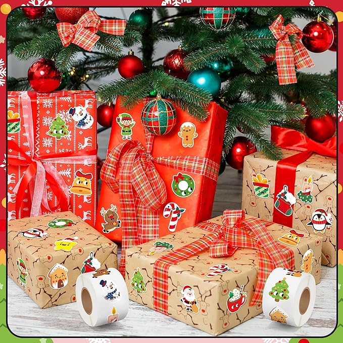 beyumi cute christmas sticker roll - 1000pcs christmas holiday stickers in 2 rolls waterproof vinyl xmas cute santa claus snowman candy cane decals gift party laptop bottle scrapbooking decor for kids