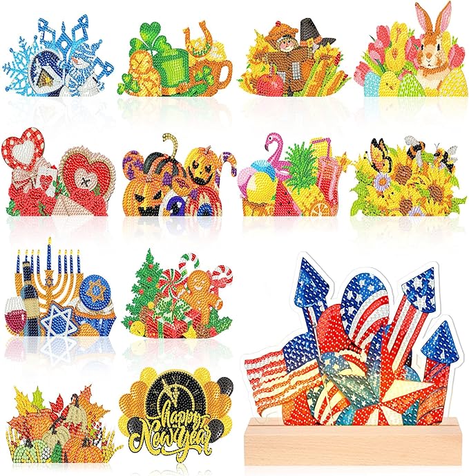 Chunful 13 Pcs Interchangeable Seasonal Diamond Art Tabletop Holiday Diamond Art Painting Kit with Wooden Light Base for Table Tiered Tray Home Office Tabletop Centerpiece Decor(13 Pcs,Classic)
