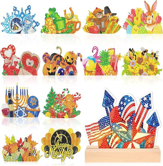 Chunful 13 Pcs Interchangeable Seasonal Diamond Art Tabletop Holiday Diamond Art Painting Kit with Wooden Light Base for Table Tiered Tray Home Office Tabletop Centerpiece Decor(13 Pcs,Classic)