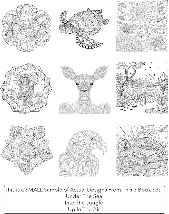 Adult Coloring Books Set.Three Books! Designs from The Sky, Land & Sea. Coloring Books for Adults Relaxation