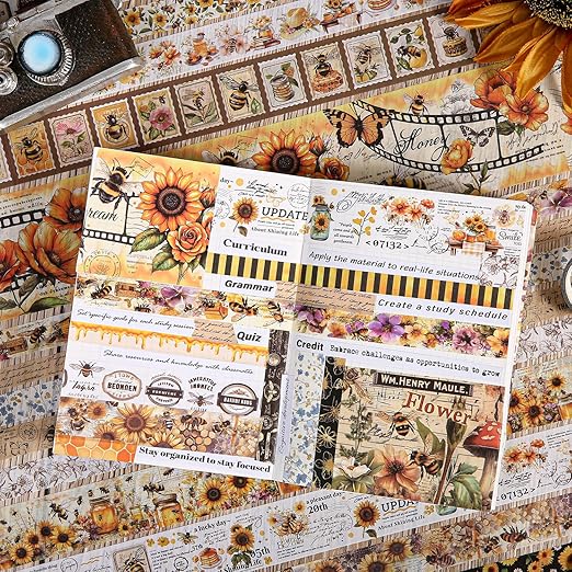 Washi Tape Set 20 Rolls - Vintage Bee Floral Butterfly Botanical Washi Tape Kit, Cute Retro Decorative Tapes for Scrapbooking Supplies,Junk Journal, Bullet Journaling, DIY Art Crafts, Gift Wrapping