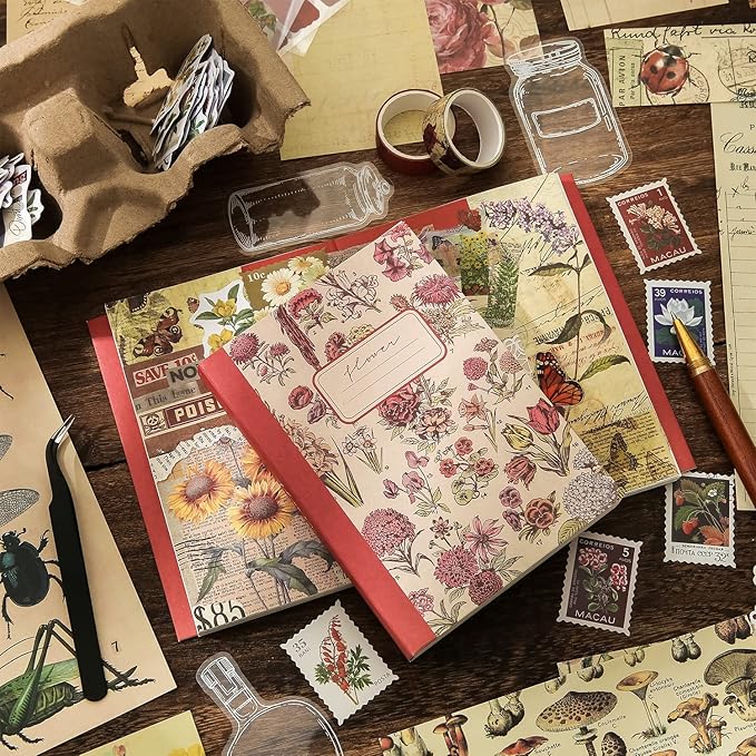 emmoolife Vintage Aesthetic Scrapbooking Supplies Kit, Flowers Botanical Bullet Junk Journal Kit with Journaling Supplies, Tweezers, A6 Grid Notebook,Stationery,Sticker, Birthday Craft Gift for Adult