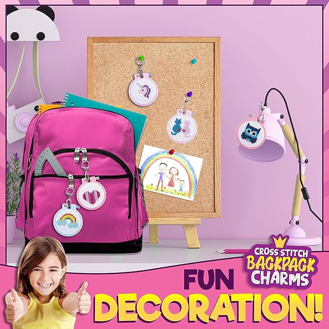 CRAFTILOO Cross Stitch Kit for Kids - 5 Easy Stamped Cross Stitch Kits for Beginners | Embroidery Kit for Girls Ages 7-13 | Needlepoint Craft Set, Backpack Charms & Keychains
