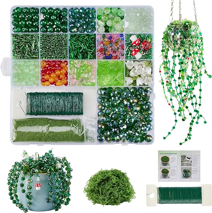 Green Glass Beaded Plant Kit, Forever Plant Beaded Leaf Flower Beads for Succulent Plant Jewelry Making and DIY Crafts