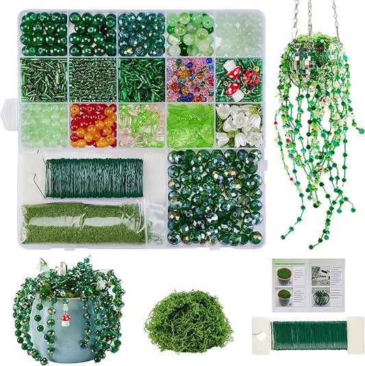 Green Glass Beaded Plant Kit, Forever Plant Beaded Leaf Flower Beads for Succulent Plant Jewelry Making and DIY Crafts
