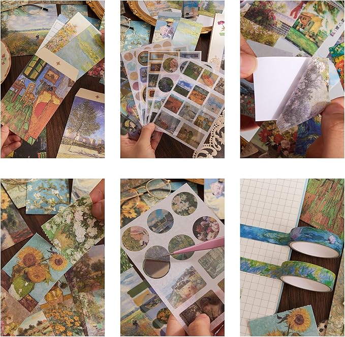 Scrapbooking Supplies Kit Plus 480Pcs, Vintage Van Gogh Oil Painting Aesthetic Scrapbook Kit for Bullet Junk Journal, DIY Journaling Supplies, Stationery, A5 Grid Notebook, Craft Gift Kid Girl