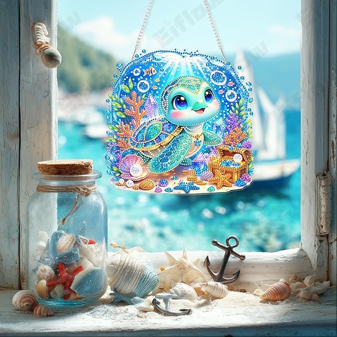 Eiflow Acrylic Diamond Art Hanging Kit for Adults, DIY Diamonds Painting Door Hanger Board Kit, Special Crystal Diamond Art Painting Pendant Ornament (Beach Turtle)