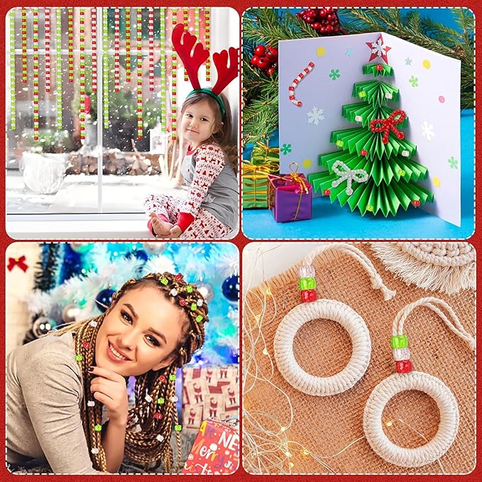 UPINS 1200Pcs Christmas Glitter Pony Beads Bulk for Necklace Bracelets Earrings Jewelry Making Christmas Party Decoration Supplies DIY Craft Hair Beads