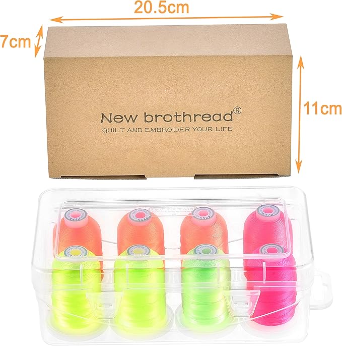 New brothread - 20 Options - 8 Snap Spools of 1000m Each Polyester Embroidery Machine Thread with Clear Plastic Storage Box for Embroidery & Quilting - Neon Color