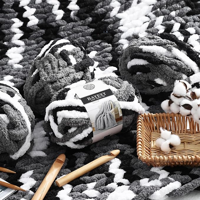 Chunky Chenille Yarn for Hand Knitting 8 Jumbo Pack Jumbo Chunky Yarn for Hand Soft Blanket Knitting, Bulky Thick Fluffy Yarn for Crocheting (Panda Color)