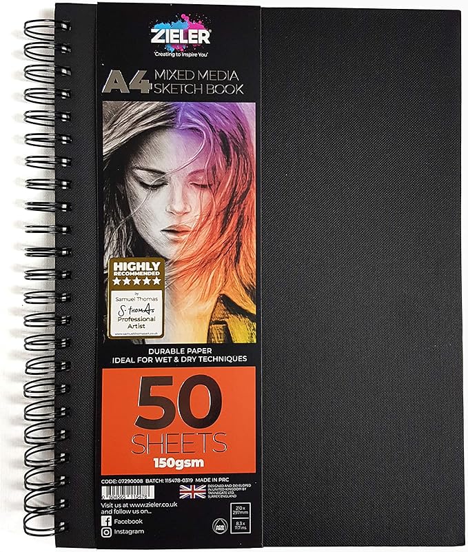 Hardback Spiral Mixed Media Sketch Book – 150gsm 50 Sheets - by Zieler. Ideal for use with Pencils, Charcoal, Graphite, Pastels & Light Watercolour. Perforated & Acid Free Sheets - Portrait (A4)