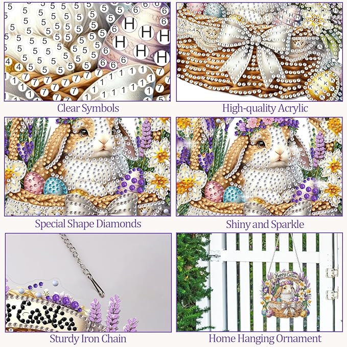 CEOVR Easter Hanging Diamond Art for Adults, Easter Bunny&Egg Diamond Painting Pendant DIY Gem Art Wall Hanging Ornament, Acrylic Home Garden Decor with Chain, Box Kit 7.87×7.48inch