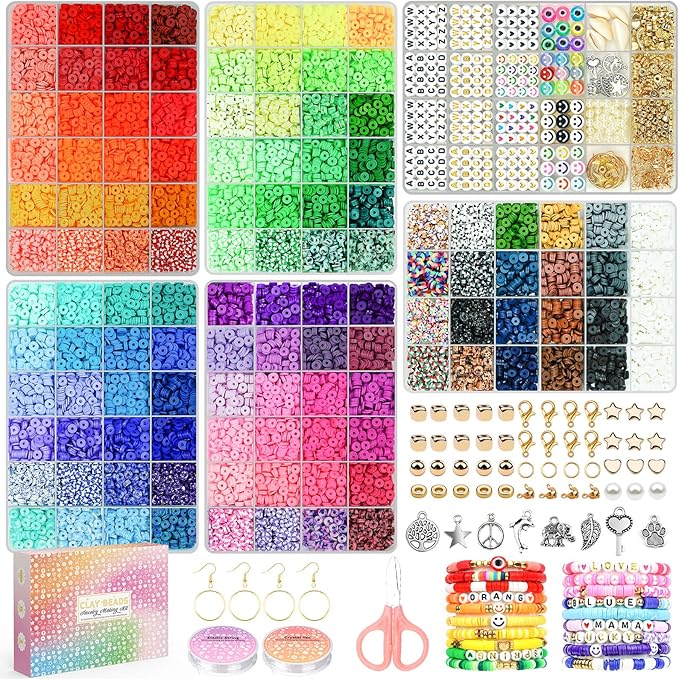 Sistenia 20,000 Pcs Clay Beads Bracelet Making Kit, 120 Colors 6 Boxes Polymer Beads Spacer Heishi Beads & Jewelry Kit with Pendant Charms Elastic Strings, Crafts Gift for Kids Adults