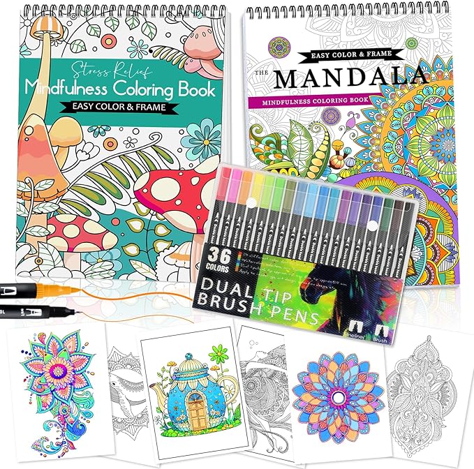 2Pcs Adult Coloring Books with 36 Colors Markers, Mandala Adult Coloring Book for Women Relaxation with 48 Patterns, Colors Markers Set, Anxiety Relief Mindfulness Gifts Original & Hand Drawn