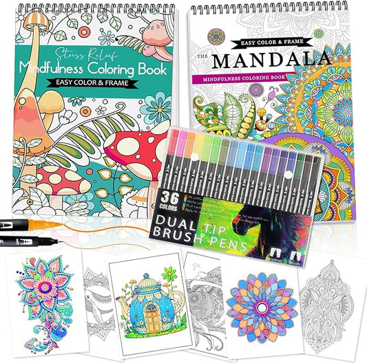 2Pcs Adult Coloring Books with 36 Colors Markers, Mandala Adult Coloring Book for Women Relaxation with 48 Patterns, Colors Markers Set, Anxiety Relief Mindfulness Gifts Original & Hand Drawn