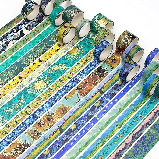 36 Rolls Van Gogh Washi Tape Set with Gold Foil, 6 Sizes Art Decorative Masking Tape, Aesthetic Masterpiece Collection for Scrapbooking, Journaling, DIY Crafts & Gift Wrapping - No-Residue