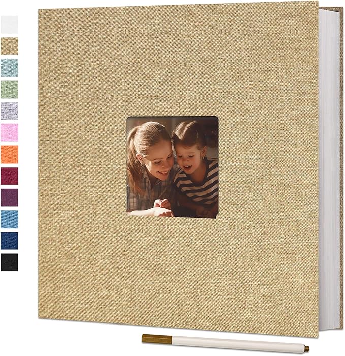 Vienrose Large Photo Album Self Adhesive for 4x6 8x10 10x12 Pictures Linen Scrapbook Album DIY 60 Blank Pages with A Metallic Pen Khaki