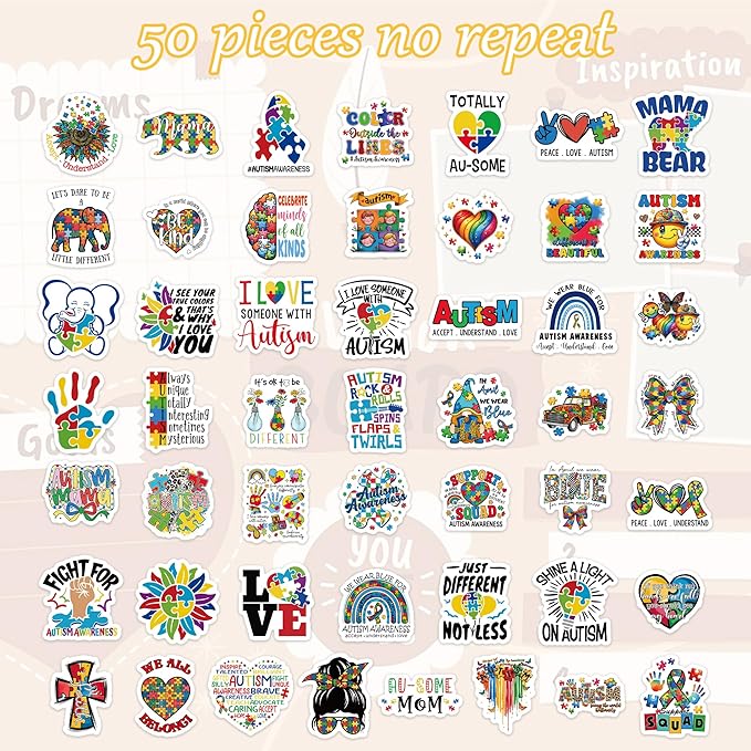 100 Pcs Autism Stickers, Autism Awareness Sticker Decorations for Car Laptop Glass Water Bottles, Colorful Autism Accessories, Vinyl Waterproof Sticker Decals